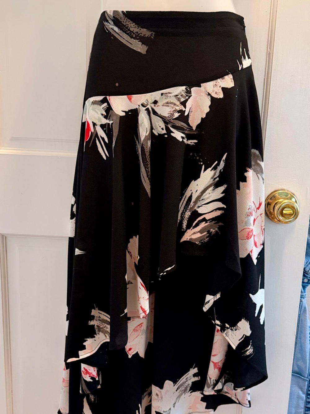 Leith Black Floral High-Low Skirt with Pink and White Accents